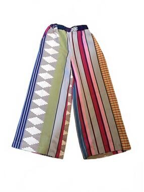 Wide Leg Multi-Pattern Striped Pants with Elastic Waist - Medium